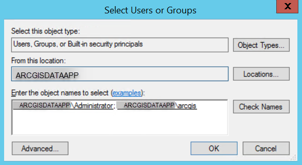 Select Users or Groups dialog box with two users selected