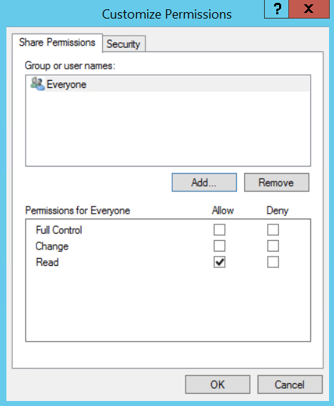 Customize Permissions dialog box with Add button selected