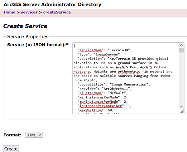 ArcGIS Server Administrator Directory Create Service page