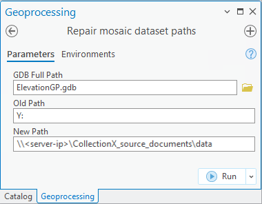 Repair mosaic dataset paths window showing GDB Full Path, Old Path, and New Path