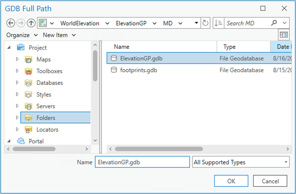 GDB Full Path dialog with ElevationGP.gdb expanded