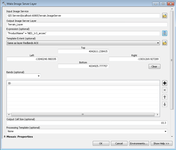 Make Image Server Layer dialog box for Terrain layer