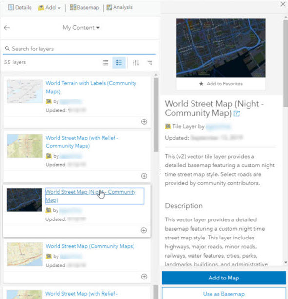 My Content with Add to Map selected for World Street Map (Night - Community Map) vector tile layer