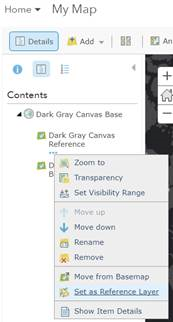 My Map with Set as Reference Layer selected for Dark Gray Canvas Reference vector tile layer