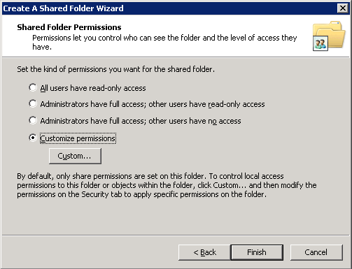 Shared Folder Permissions dialog box with Customize permissions selected