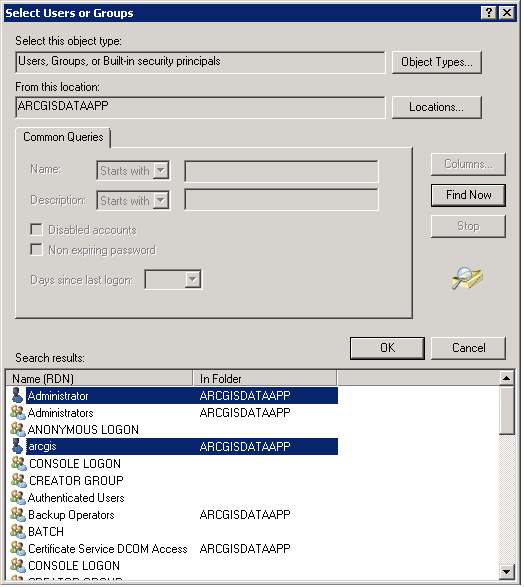 Select Users or Groups dialog box with two users highlighted