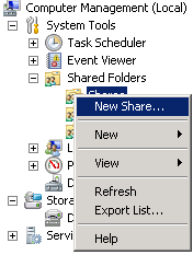 New Share options for the Shares folder