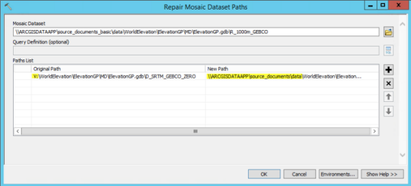 Repair Mosaic Dataset Paths window showing Original Path and New Path