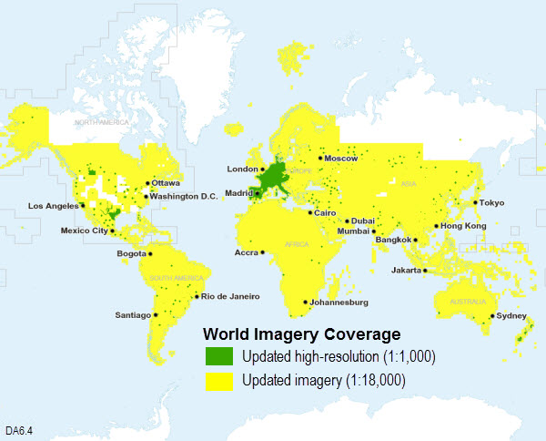 Coverage map showing updates for World Imagery 6.4