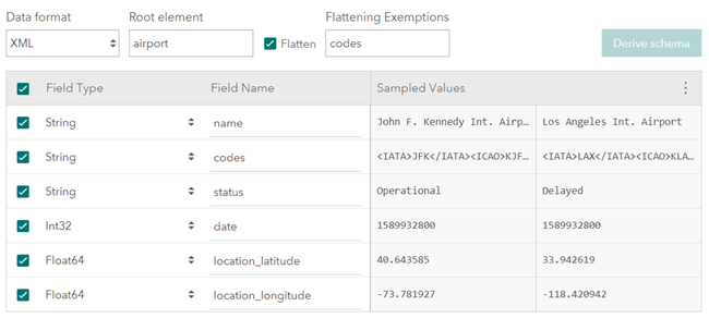 Resulting confirm schema page from the flattened XML shows the codes field is exempted from flattening.