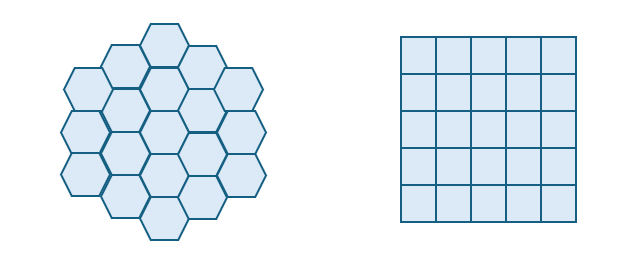 Teselación hexagonal y cuadrícula cuadrada