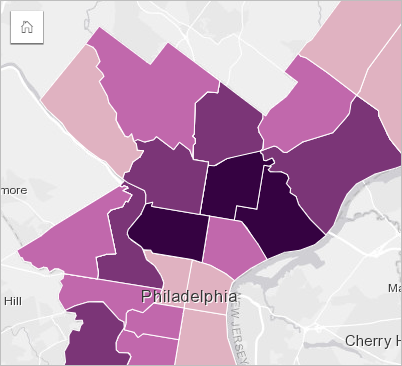 Mapa coroplético mostrando a taxa de desemprego para cada distrito de polícia na Filadélfia