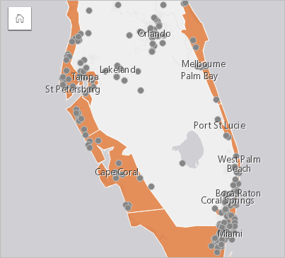 Mapa de localização mostrando as localizações de clientes dentro da área antecipada de sobretensão do furacão