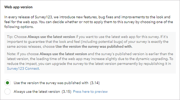 علامة تبويب الإصدار في موقع Survey123 على الويب