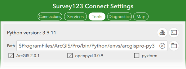 تكوين بيئة Python في Survey123 Connect.