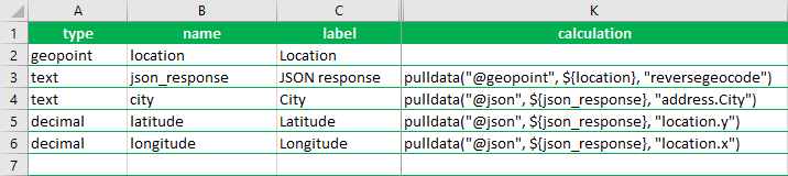 يتضمن XLSForm حسابات دالة pulldata("@json")