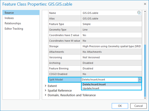 Optionen im Dropdown-Menü "Teilungsmodell" für eine Feature-Class