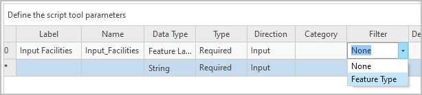 Wählen Sie den Filter "Feature-Typ" für den Parameter "Input Facilities" aus.