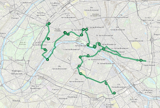 Ausgabe des Routenanalysemodells mit der Route zwischen den Eingabepositionen