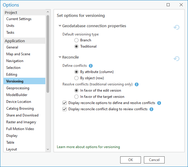 ArcGIS Pro-Projekteinstellungen mit der Registerkarte "Versionierungsoptionen"