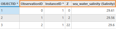 Ein Beispiel für die Ausgabetabelle des Werkzeugs "NetCDF-Profile in Feature-Class" Ein Beispiel für die Ausgabetabelle des Werkzeugs "NetCDF-Profile in Feature-Class"