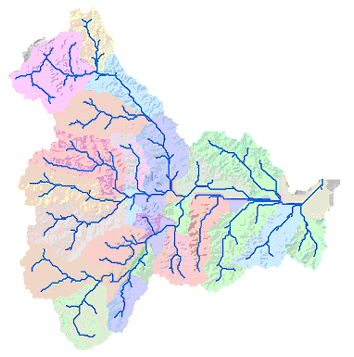 Aus einem Höhenmodell abgeleitetes Beispiel-Wasserlaufnetz Aus einem Höhenmodell abgeleitetes Beispiel-Wasserlaufnetz