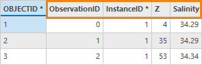 Ein Beispiel für die Ausgabetabelle des Werkzeugs "NetCDF-Profile in Feature-Class"