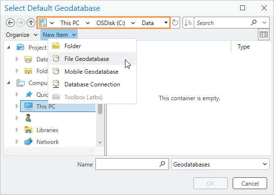 Durchsuchen-Dialogfeld mit Dropdown-Menü "Neues Element"