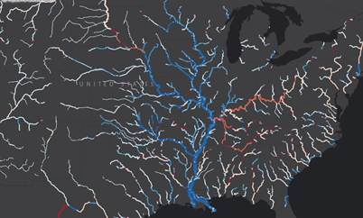 Das detaillierte Dataset zur Hydrologie, wobei bei einem mittleren Maßstab nur die Flüsse mit hoher und mittlerer Fließgeschwindigkeit dargestellt werden Das detaillierte Dataset zur Hydrologie, wobei bei einem mittleren Maßstab nur die Flüsse mit hoher und mittlerer Fließgeschwindigkeit dargestellt werden