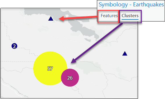 Geclusterte Feature-Layer verfügen über zwei Symbolisierungen: eine für Features und eine für Cluster. Geclusterte Feature-Layer verfügen über zwei Symbolisierungen: eine für Features und eine für Cluster.