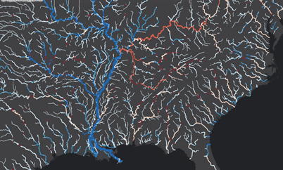 Das detaillierte Dataset zur Hydrologie, wobei bei einem großen Maßstab alle Flüsse und Ströme dargestellt werden Das detaillierte Dataset zur Hydrologie, wobei bei einem großen Maßstab alle Flüsse und Ströme dargestellt werden