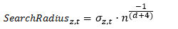 Formel für Standardsuchradius für Höhe und Zeit