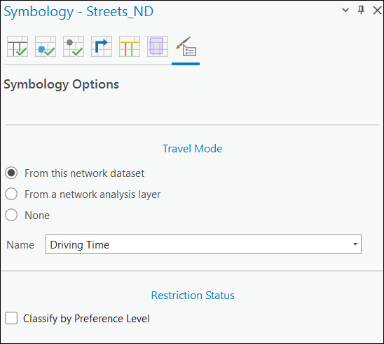 Wählen Sie als Quelle des Reisemodus ein Netzwerk-Dataset oder einen Netzwerkanalyse-Layer und den Präferenzgrad des Reisemodus aus.