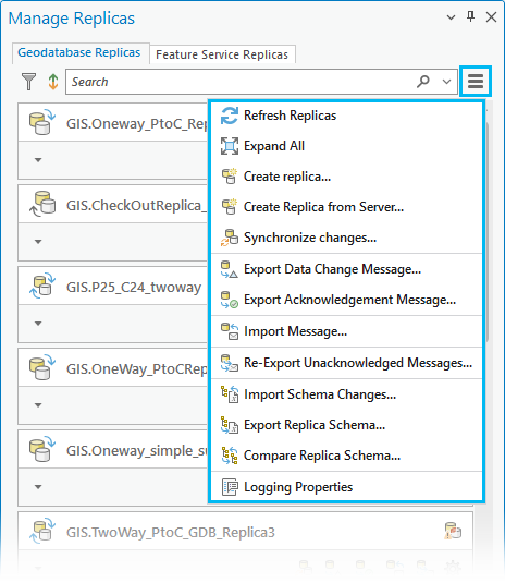 Befehle im Menü "Geodatabase-Replikate"