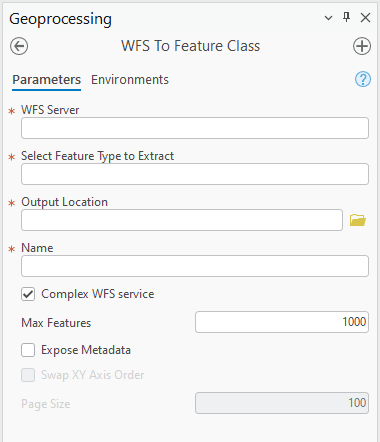 Das Dialogfeld des Geoverarbeitungswerkzeugs "WFS in Feature-Class"