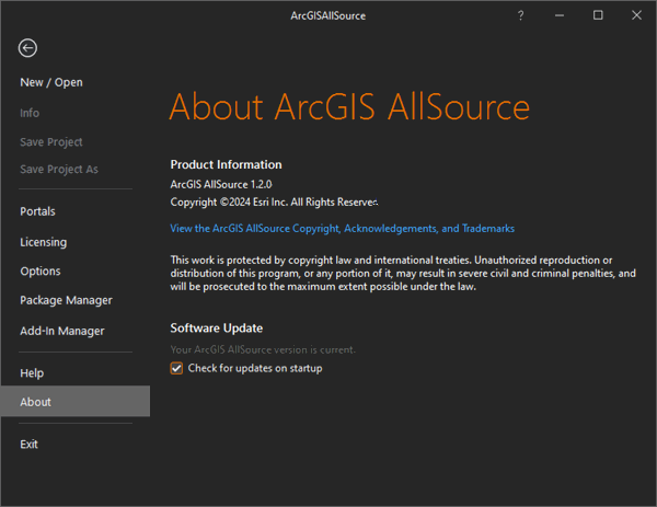 ArcGIS AllSource-Einstellungen mit Auswahl der Seite "Info"