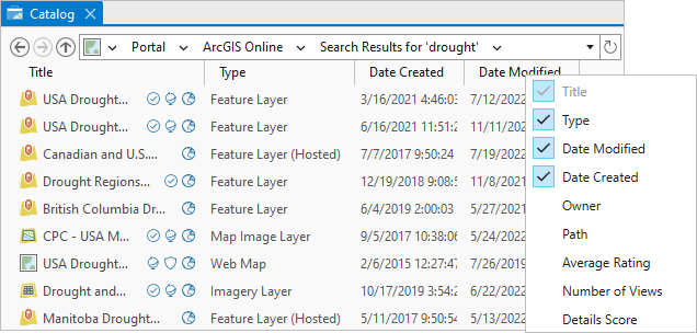 Katalogansicht und Dropdown-Liste der Spalten