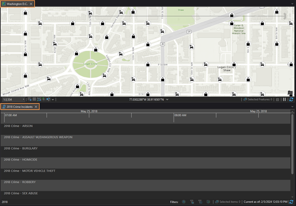 Ansichten "Karte" und "Zeitachse", die in ArcGIS AllSource geöffnet sind