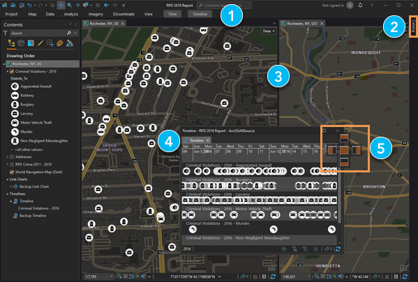 ArcGIS AllSource-Bedienoberfläche mit hervorgehobenen Anpassungen