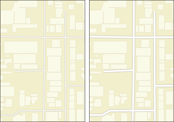 Ein Vergleich von Gebäuden und Straßen bei 1:4.000 mit angewendeter Größenvariation auf der rechten Seite