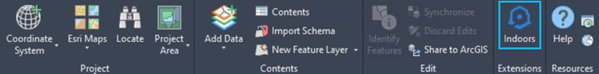 ArcGIS for AutoCAD-Menüband mit Auswahl von "Indoors" in der Gruppe "Erweiterungen" ArcGIS for AutoCAD-Menüband mit Auswahl von "Indoors" in der Gruppe "Erweiterungen"