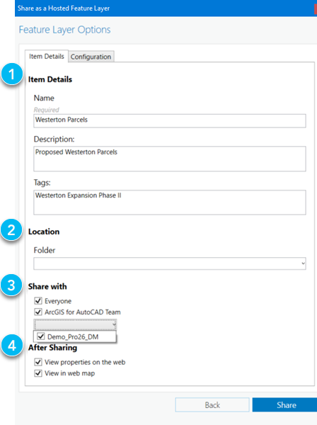 Benutzeroberfläche "Als gehosteten Feature-Layer freigeben", Elementdetails