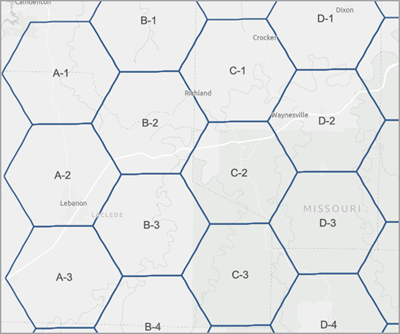 Beispiel für GRID_ID-Ergebnisse von Hexagonmosaiken