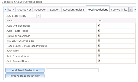 Road restrictions tab properties