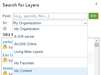 Der Seitenbereich "Layer suchen", für das Durchsuchen von "Eigene Inhalte" konfiguriert