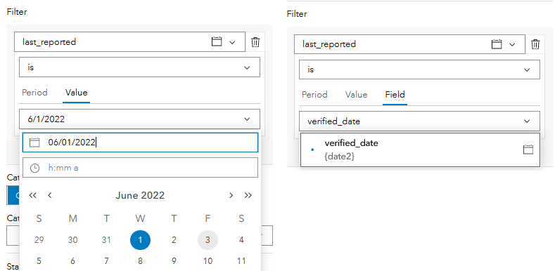 Optionen für die Eingaben von Werten für Filter mit festem Datum