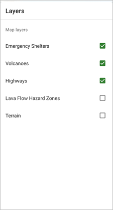 Layer-Liste mit deaktivierten Layern "Lava Flow Hazard Zones" und "Terrain"