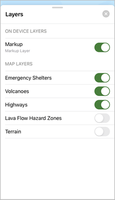 Layer-Liste mit deaktivierten Layern "Lava Flow Hazard Zones" und "Terrain"