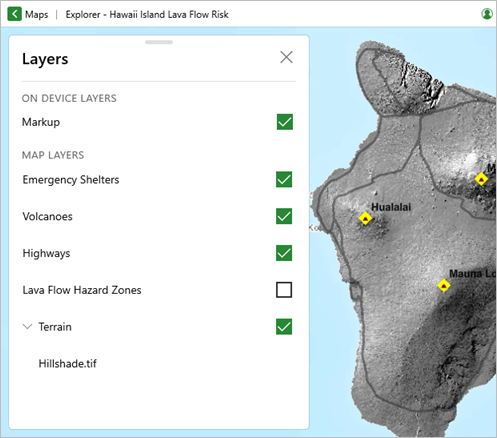Layer-Liste und Karte mit deaktiviertem Layer "Lava Flow Hazard Zones"