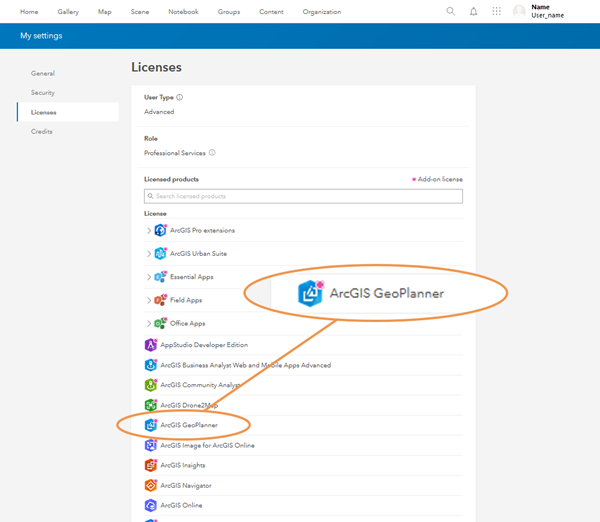 ArcGIS Online-Profileinstellungen – Registerkarte "Lizenzen"